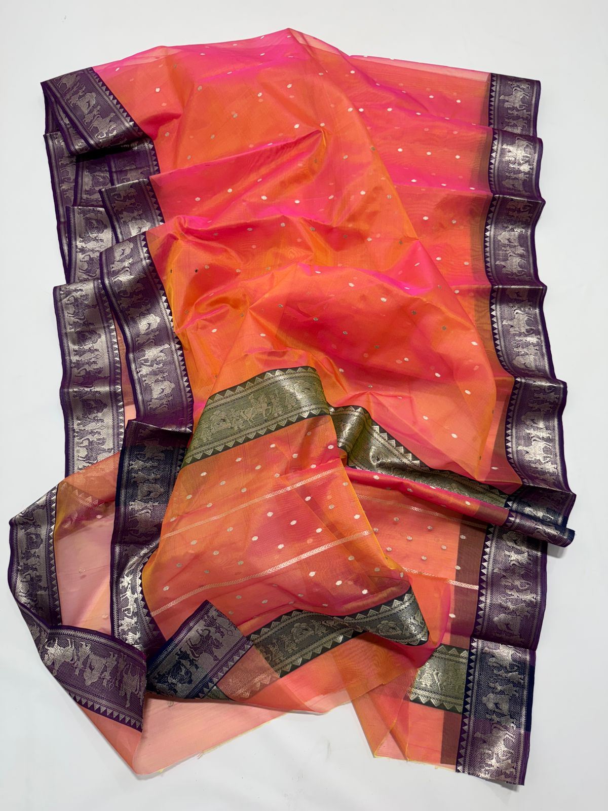 Dual Tone Orange Chanderi Handloom Katan Silk Nakshi Saree