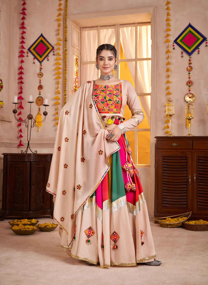 Beige Multi Color Thread & Mirror Work Navratri Lehenga