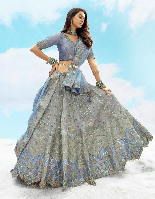 Elegant Gray Blue Sequin Work Wedding Lehenga