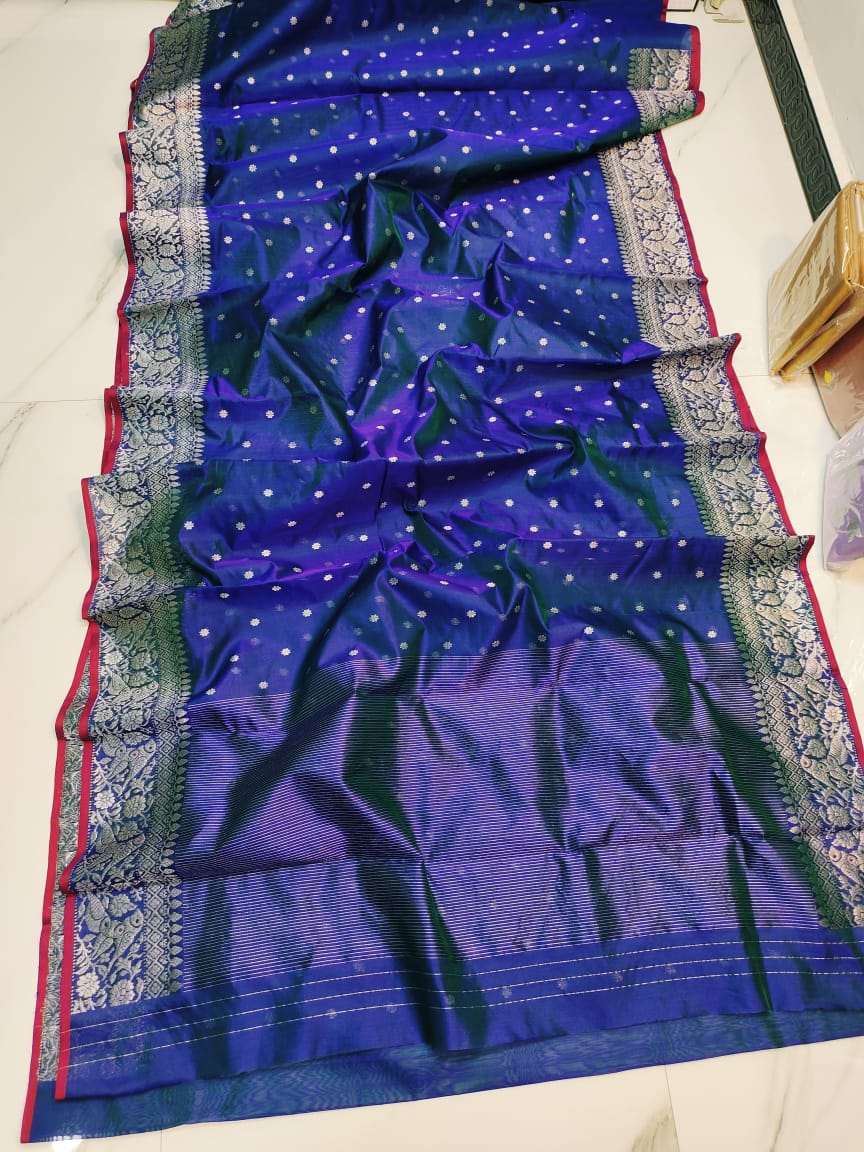 Dual Tone Blue Chanderi Handloom Pattu Silk Handwork Saree