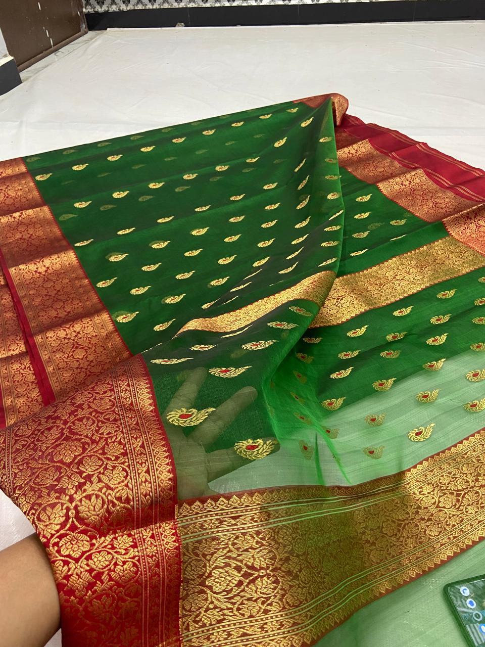 Green Chanderi Handloom Katan Silk Meenakari Saree