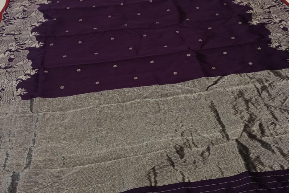 Dark Purple Chanderi Handloom Pattu Silk Handwork Saree