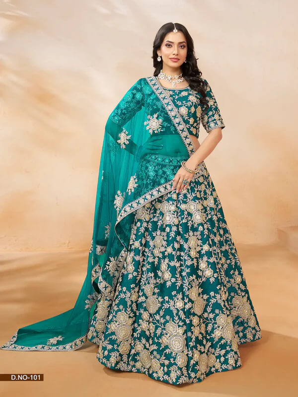 Elegant Teal Blue Art Silk Lehenga with Embroidery