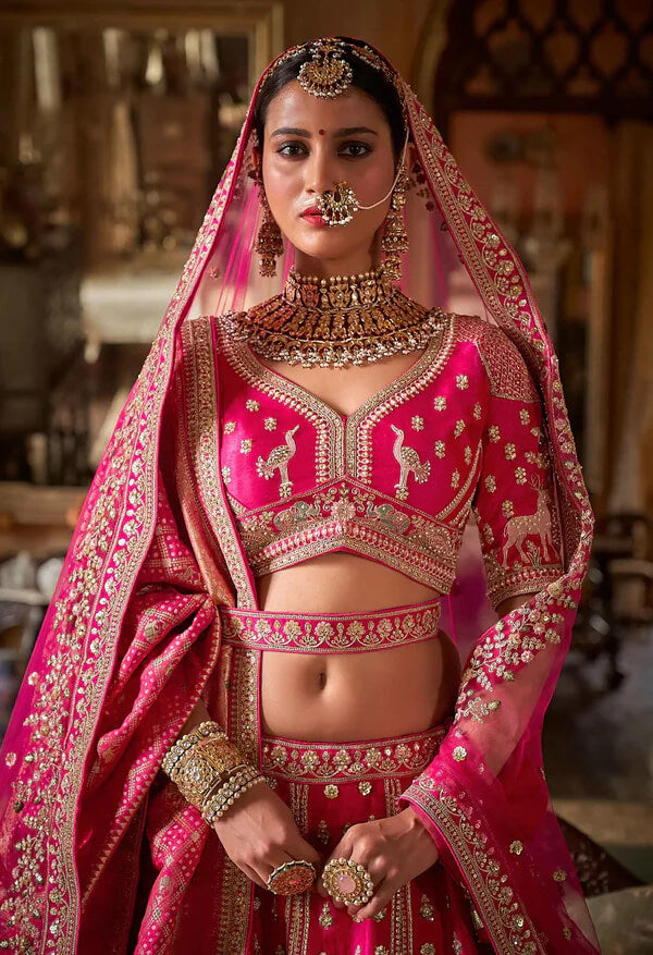 Designer Pink Lehenga Choli with Heavy Embroidery & Pearls