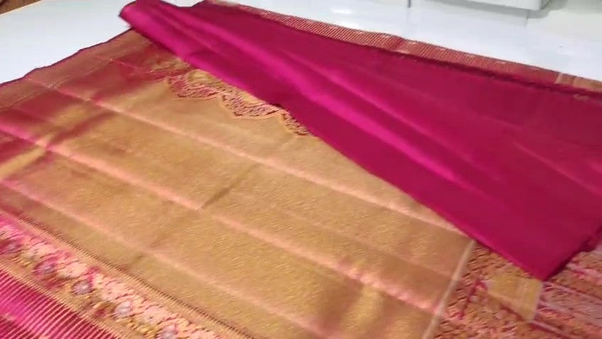 Mørkelyserød Kanchipuram håndvævet vævsbrokade Meenakari silkesari