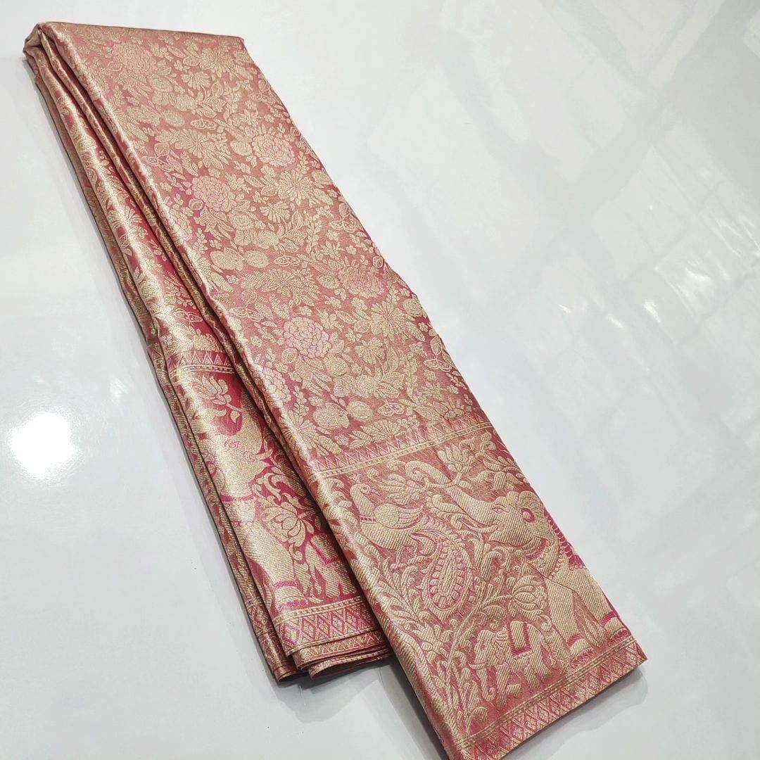 Coral Kanchipuram Handloom Tissue Brocade Silk Saree