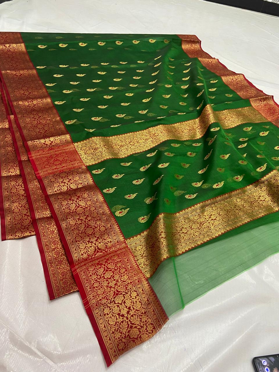 Green Chanderi Handloom Katan Silk Meenakari Saree