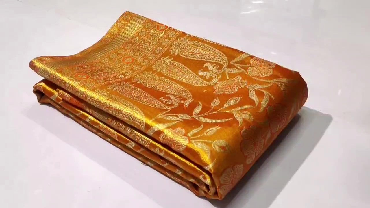 Orange Kanchipuram Handloom Tissue Brocade Silk Saree