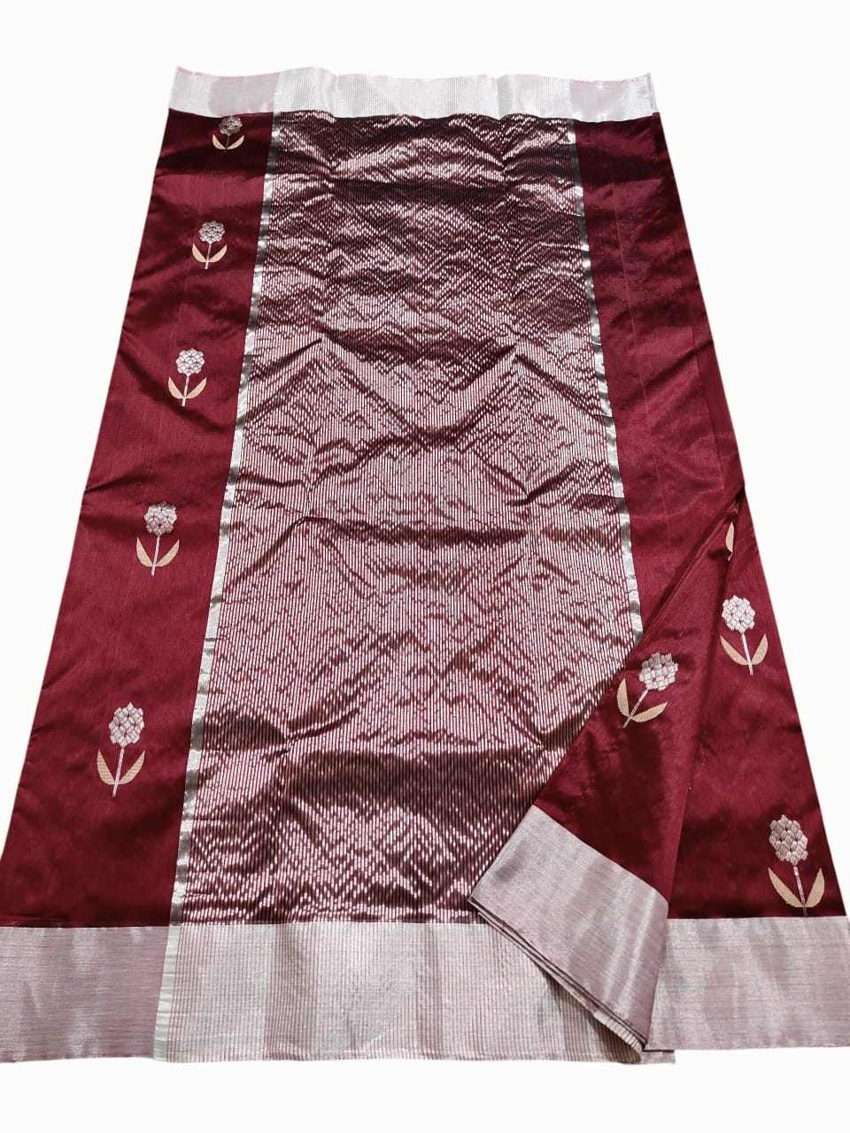 Maroon Chanderi Handloom Pattu Silk Meenakari Saree