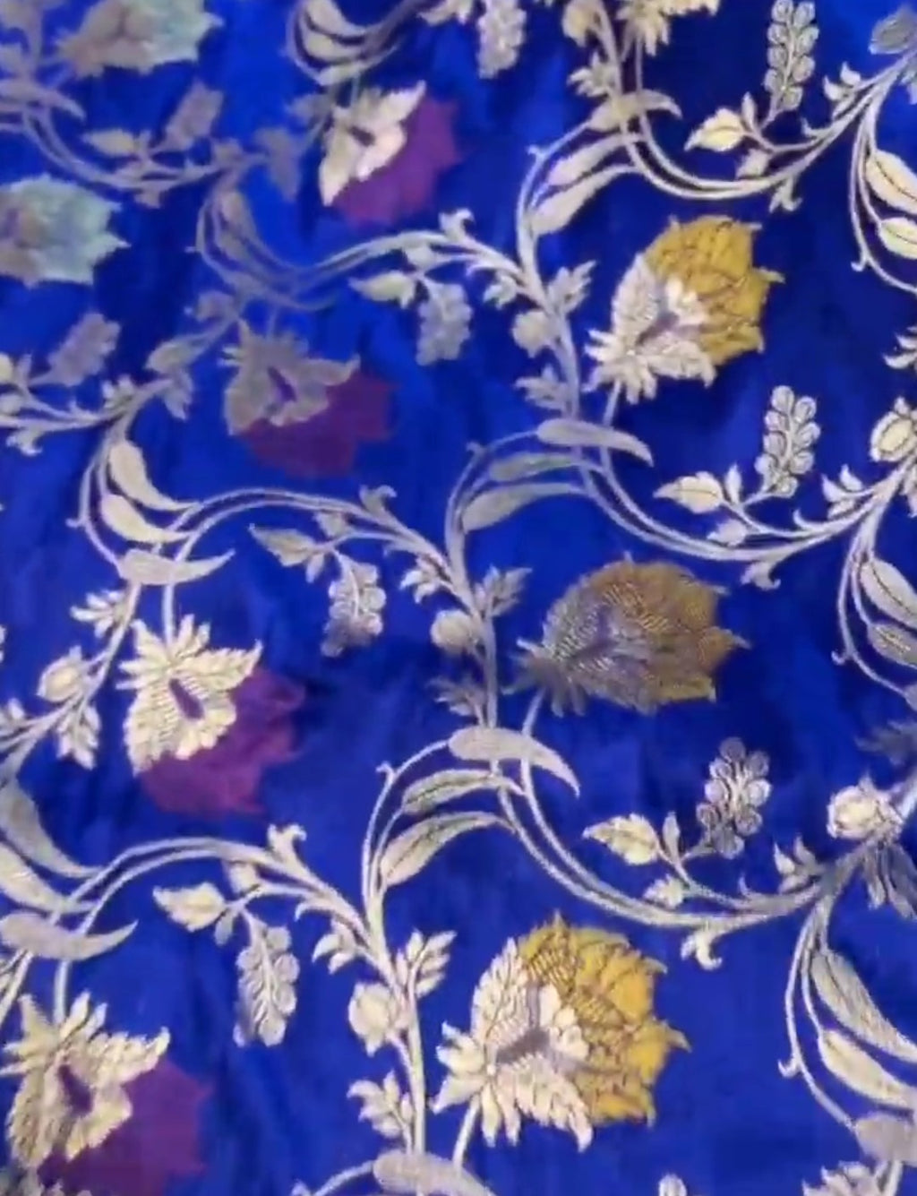 Azure Blue Handloom Banarasi Katan Silk Saree with Colorful Meenakari Floral Borders and Silk Mark Authenticity Label.
