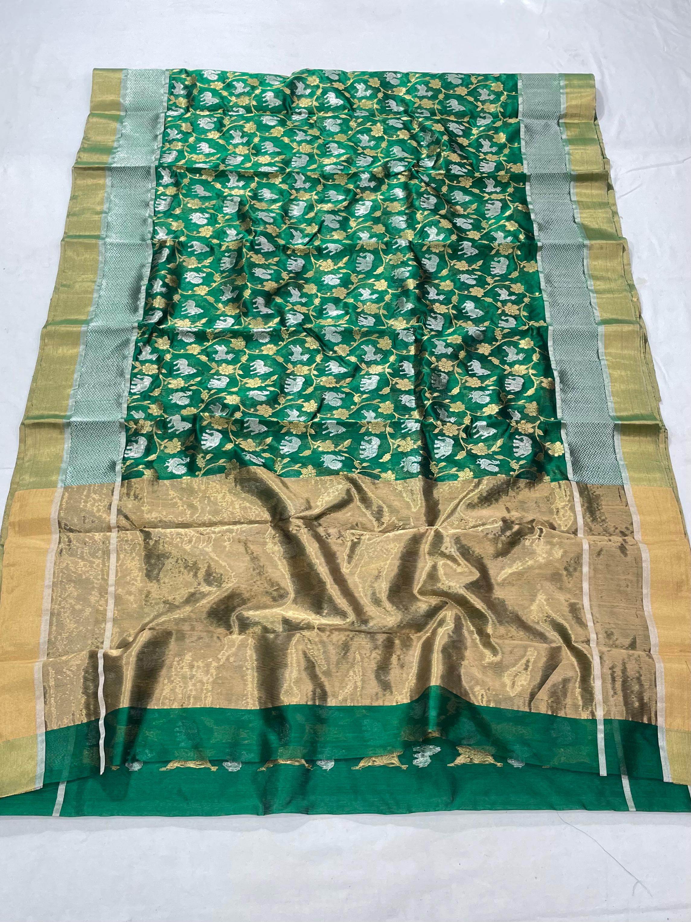 Grøn Chanderi Håndvæv Pattu Silk Shikargah Håndværk Saree