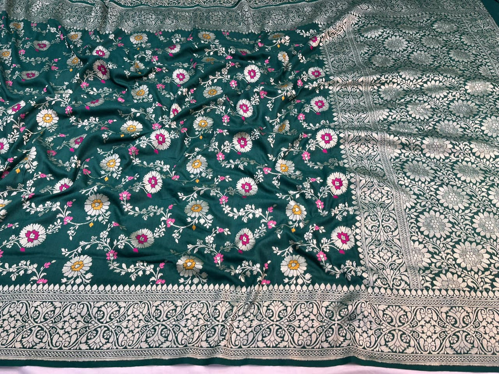 Dark Green Banarasi Handloom Katan Moonga Silk Water Zari Meenakari Saree