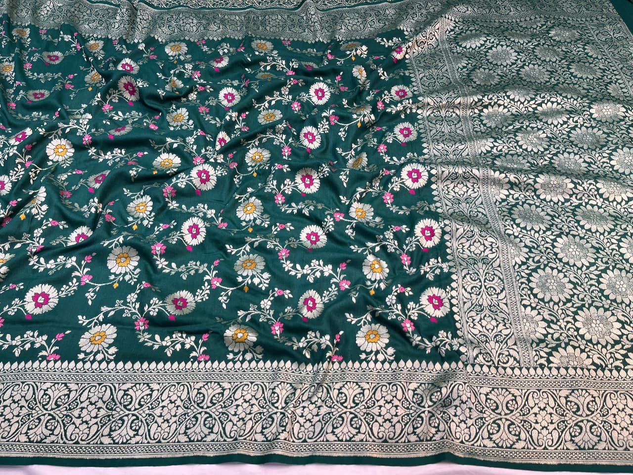 Dark Green Banarasi Handloom Katan Moonga Silk Water Zari Meenakari Saree