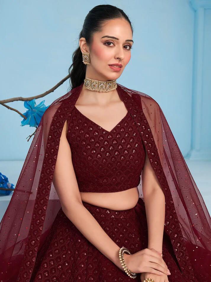 Maroon Designer Lehenga with Sequins & Dupatta