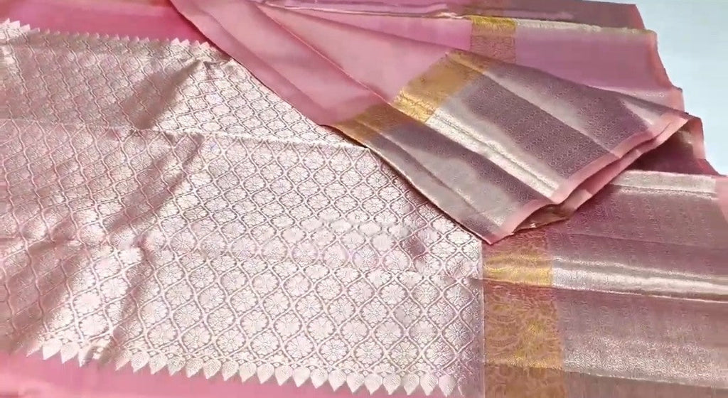 Pink Kanchipuram håndvævet enkelt Warp Pattu Silk Saree
