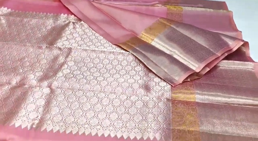 Pink Kanchipuram håndvævet enkelt Warp Pattu Silk Saree