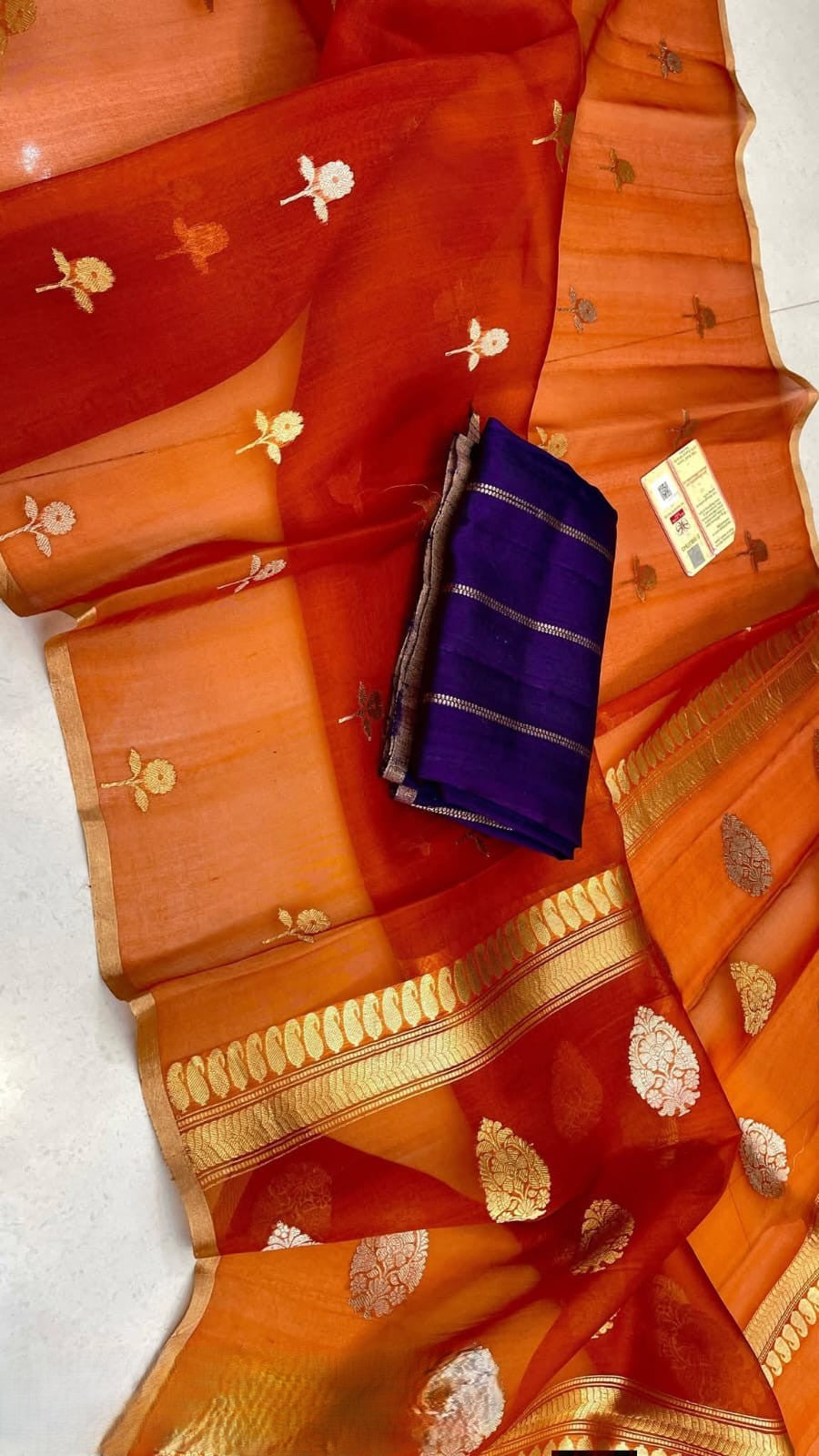 Orange Banarasi Handloom Kora Organza Silk Saree