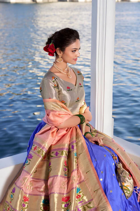Traditional Lotus Blue Paithani Silk Lehenga with Zari Work
