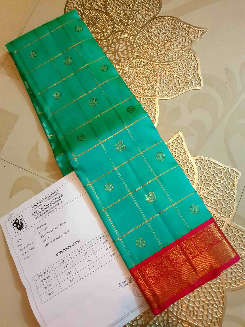 Sea Green Kanchipuram Handloom 4G Pure Gold Pattu Silk Saree
