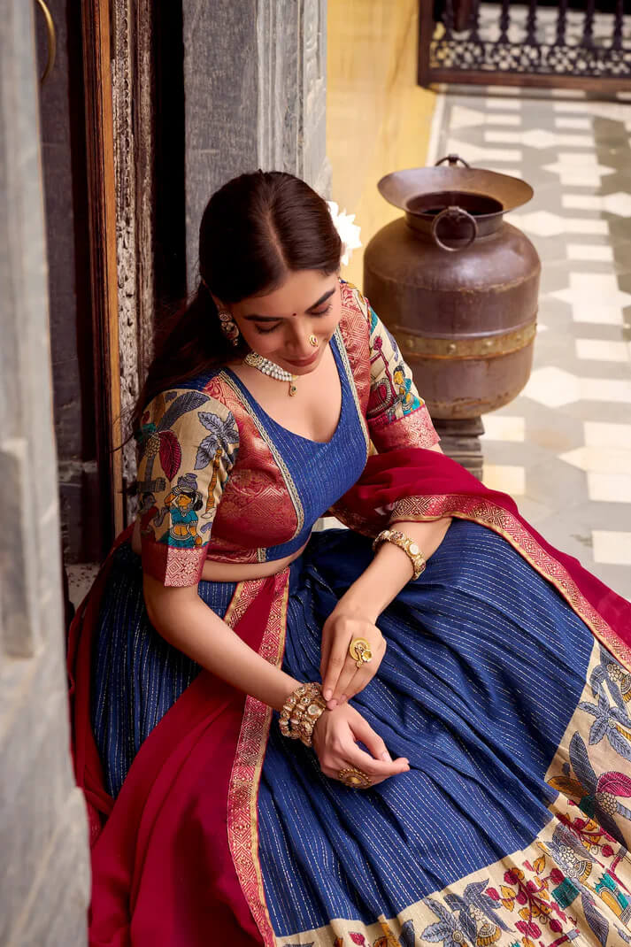 Navy Blue Chanderi Lehenga with Kalamkari & Zari Work