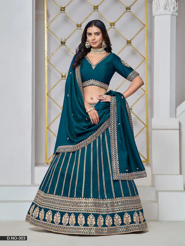 Dark Teal Art Silk Lehenga Choli with Thread & Sequins Work