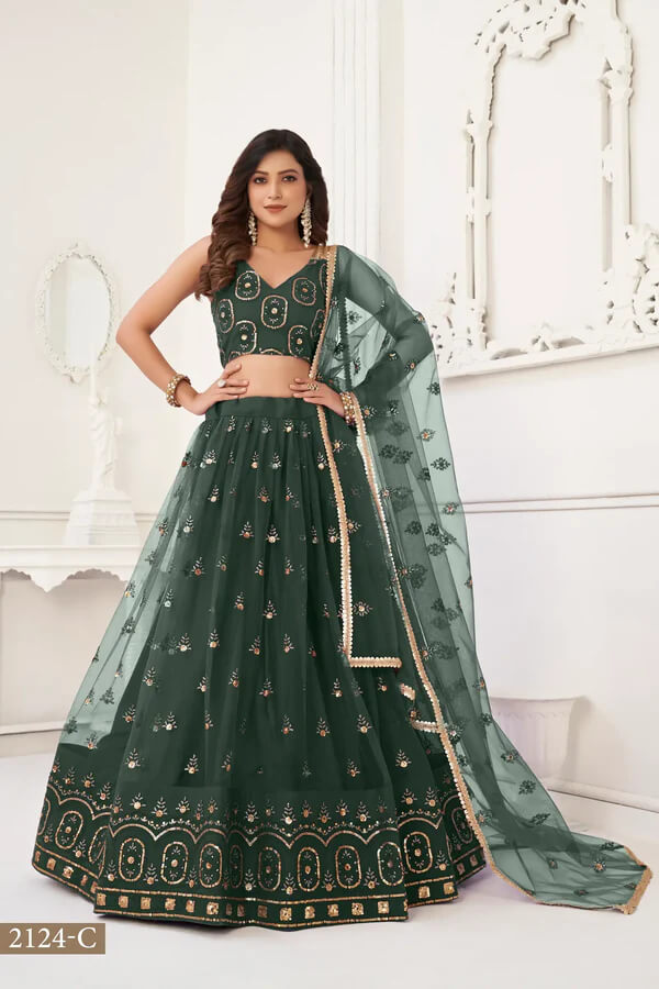 Festive Dark Green Net Embroidery Lehenga Choli