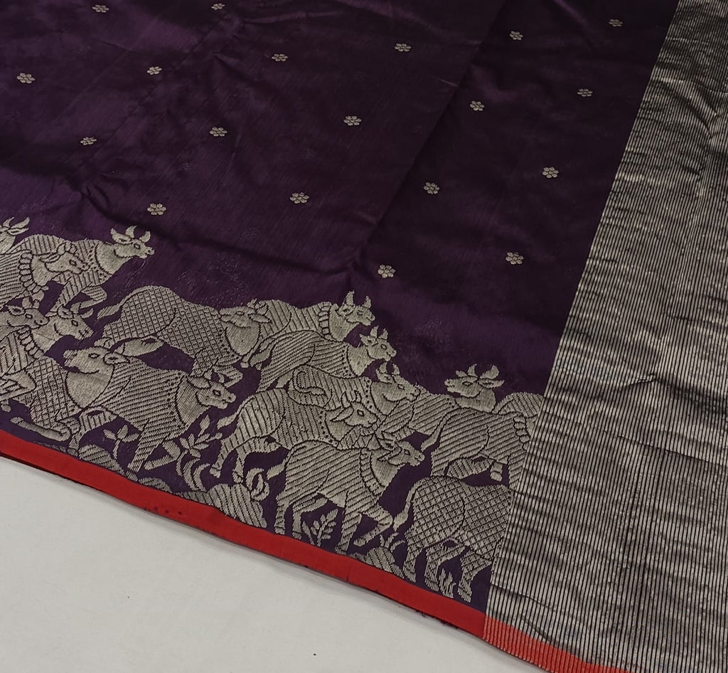 Dark Purple Chanderi Handloom Pattu Silk Handwork Saree