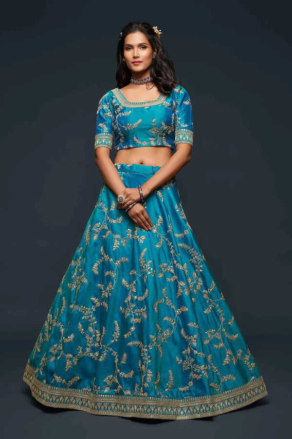 Teal Blue Silk Lehenga with Thread, Zari & Sequins Work