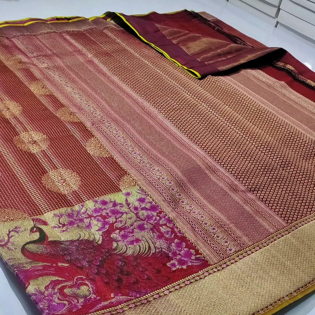 Maroon Kanchipuram Handloom Tissue Resham Warp Meenakari Saree