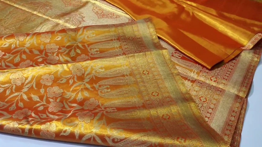 Orange Kanchipuram håndvævet vævsbrokade silkesari