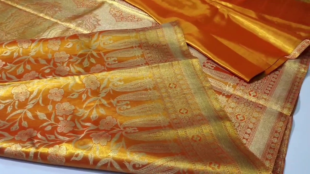 Orange Kanchipuram håndvævet vævsbrokade silkesari