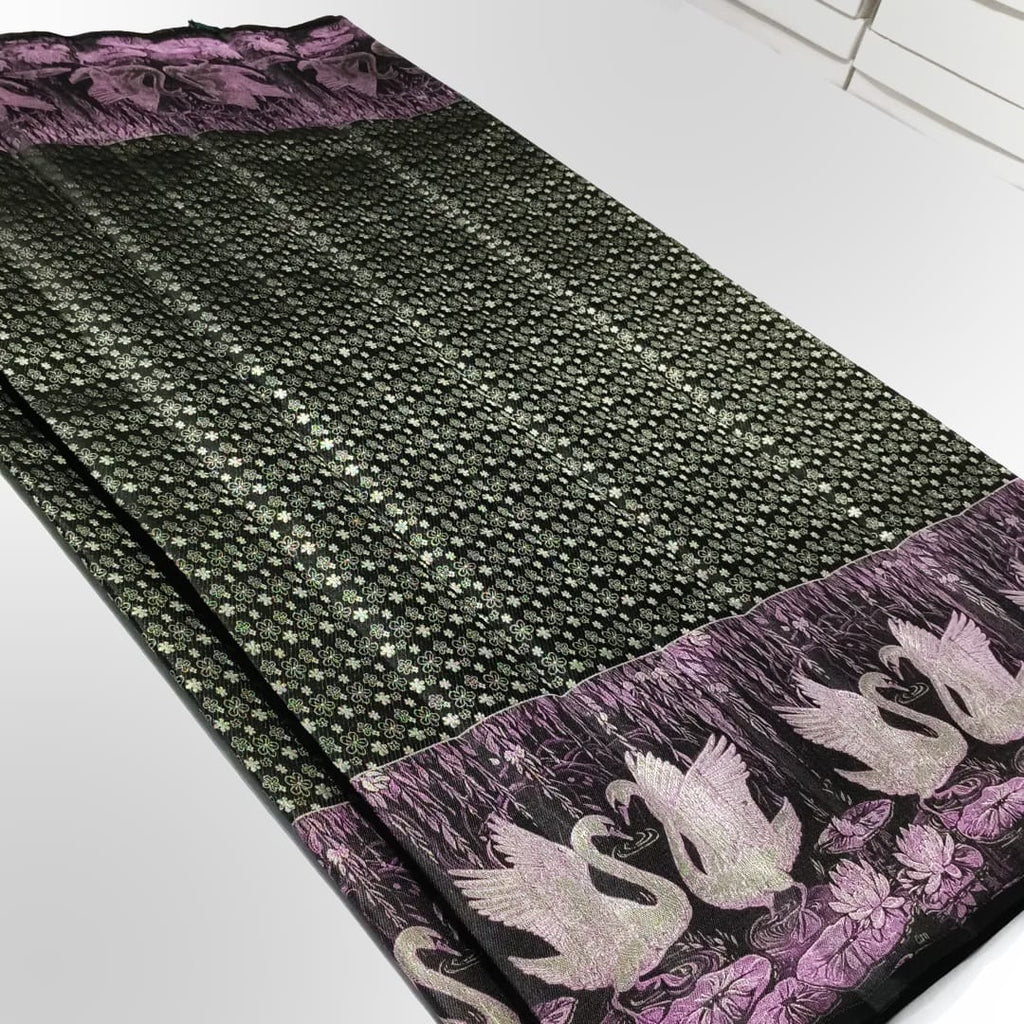 Sort Kanchipuram Håndvæv 1G Guld Pattu Silk Meenakari Saree
