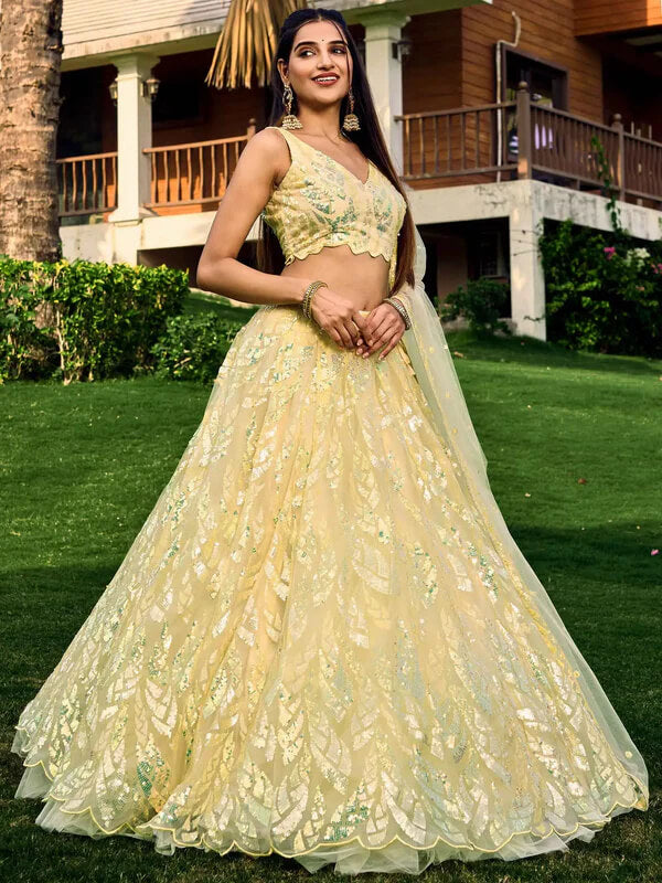 Yellow Soft Net Lehenga with Sequins & Thread Work