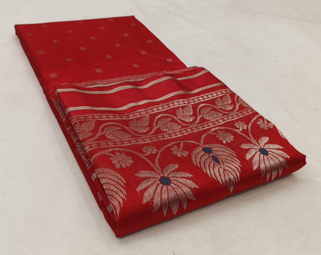 Rustic Red Chanderi Handloom Pattu Silk Meenakari Saree