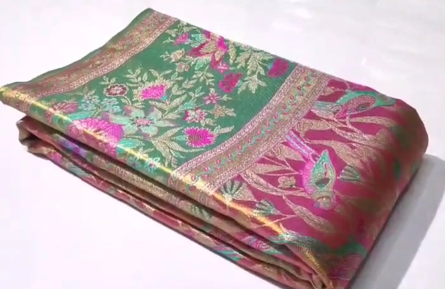 Hot Pink Kanchipuram Håndvævet Brokade Meenakari Silkesari