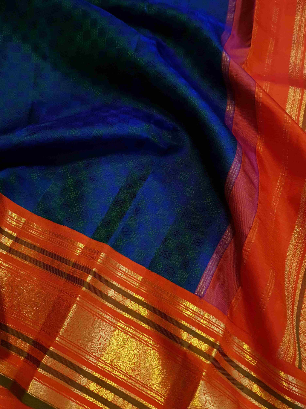 Peacock Blue Kanchipuram Handloom 2G Gold Pattu Silk Saree