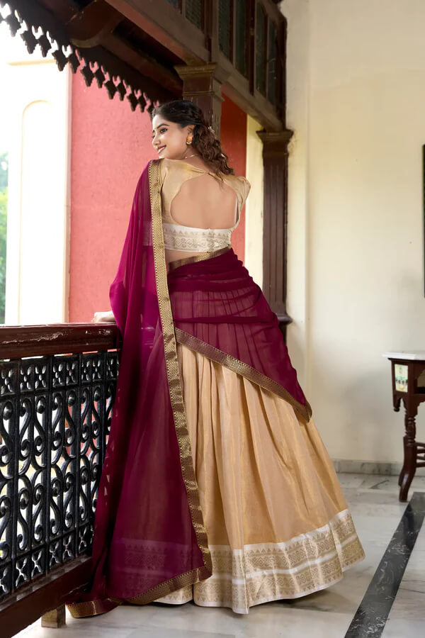 Beige Kanchipuram Silk Lehenga Choli with Elegant Zari Work
