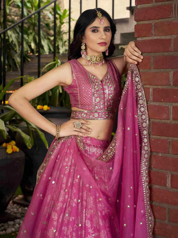 Pink Jacquard Lehenga with Zari & Sequins Work