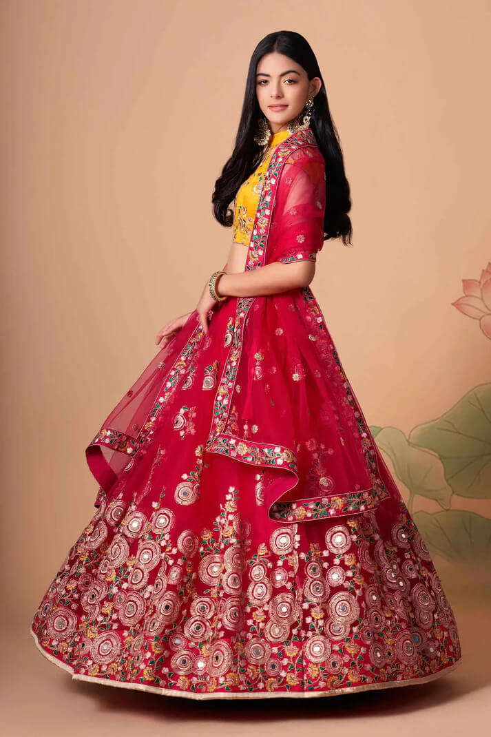 Red Net Lehenga with Zari, Sequins & Mirror Work