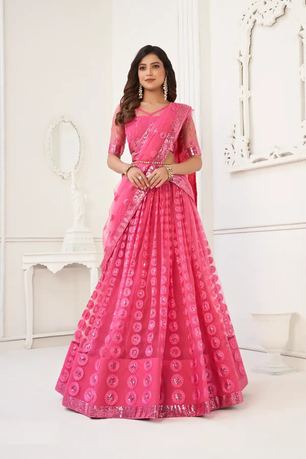 Bright Pink Net Lehenga Choli with Cotton Thread & Sequins Work