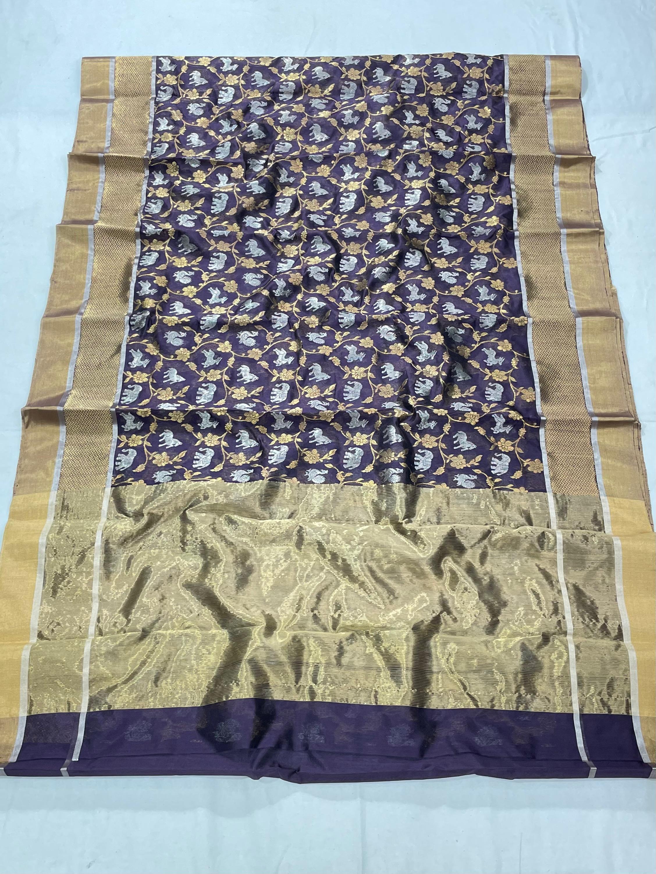 Purple Chanderi Handloom Pattu Silk Shikargah Handwork Saree