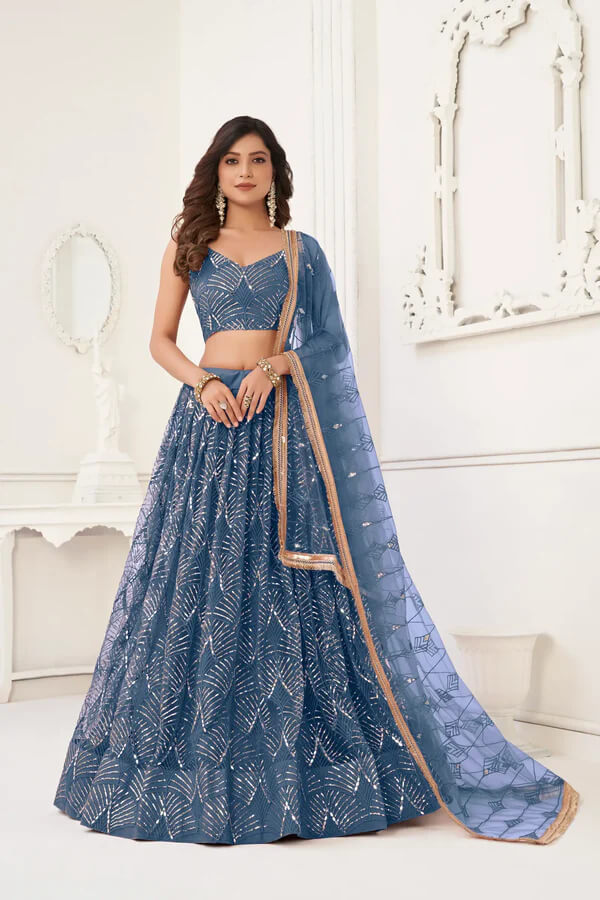 Designer Teal Blue Thread & Mirror Lehenga