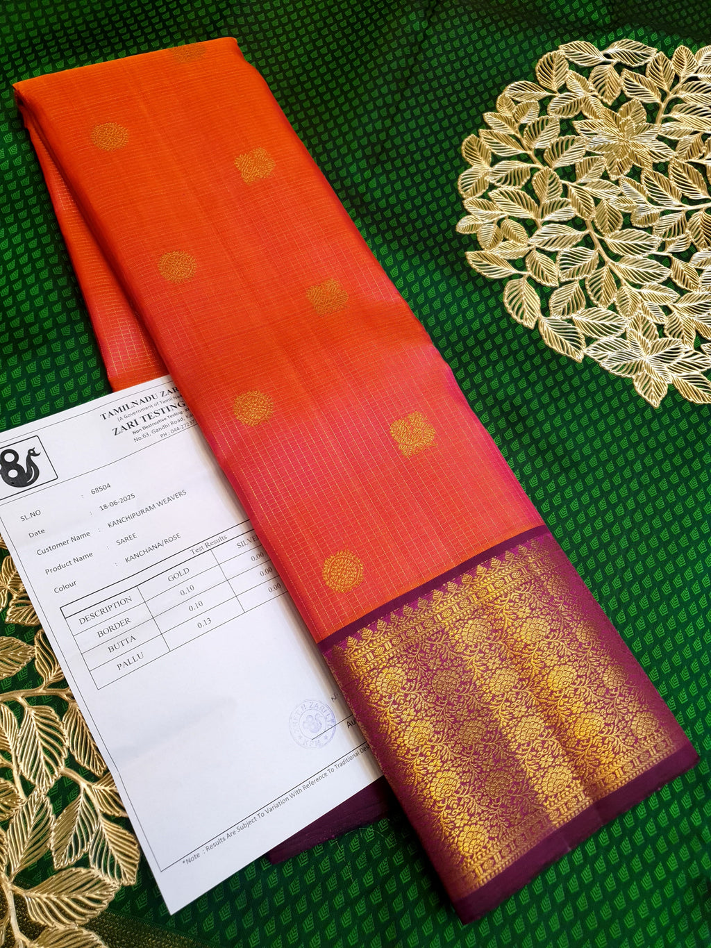 Orange Red Kanchipuram Handloom 2G Pure Gold Vairaoosi Silk Saree
