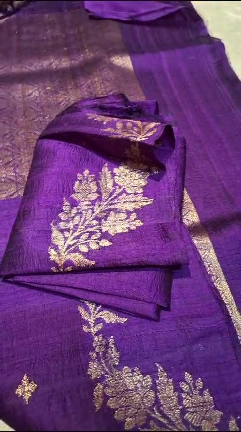 Purple Banarasi Handloom Tussar Raw Silk Saree