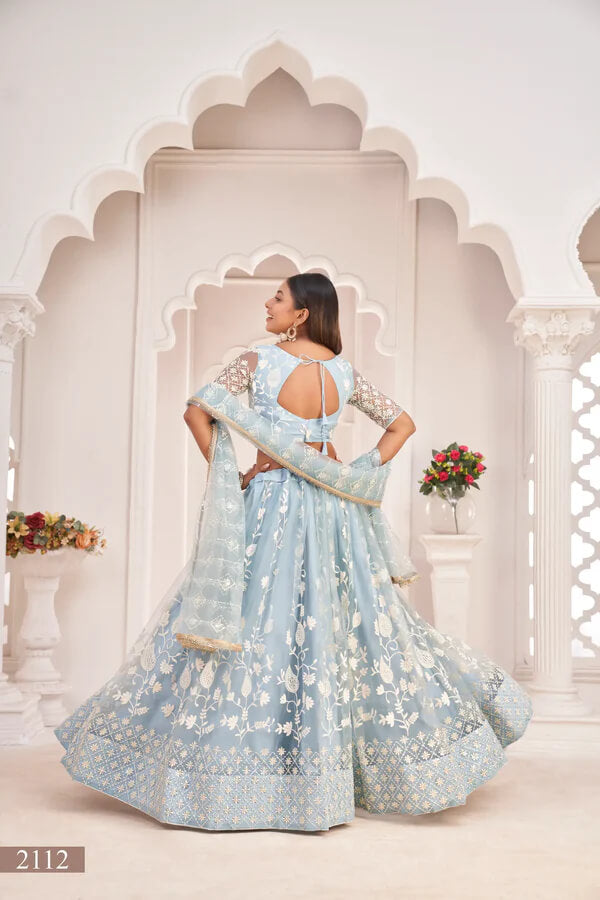 Festive Light Sky Cotton Thread Work Lehenga