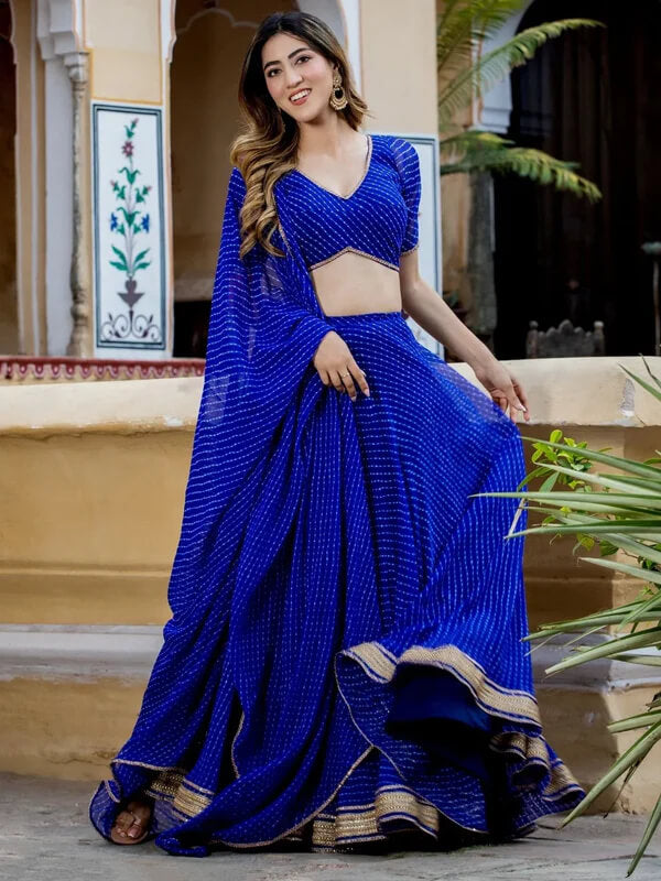 Blue Leheriya Georgette Lehenga with Zari Lace Work
