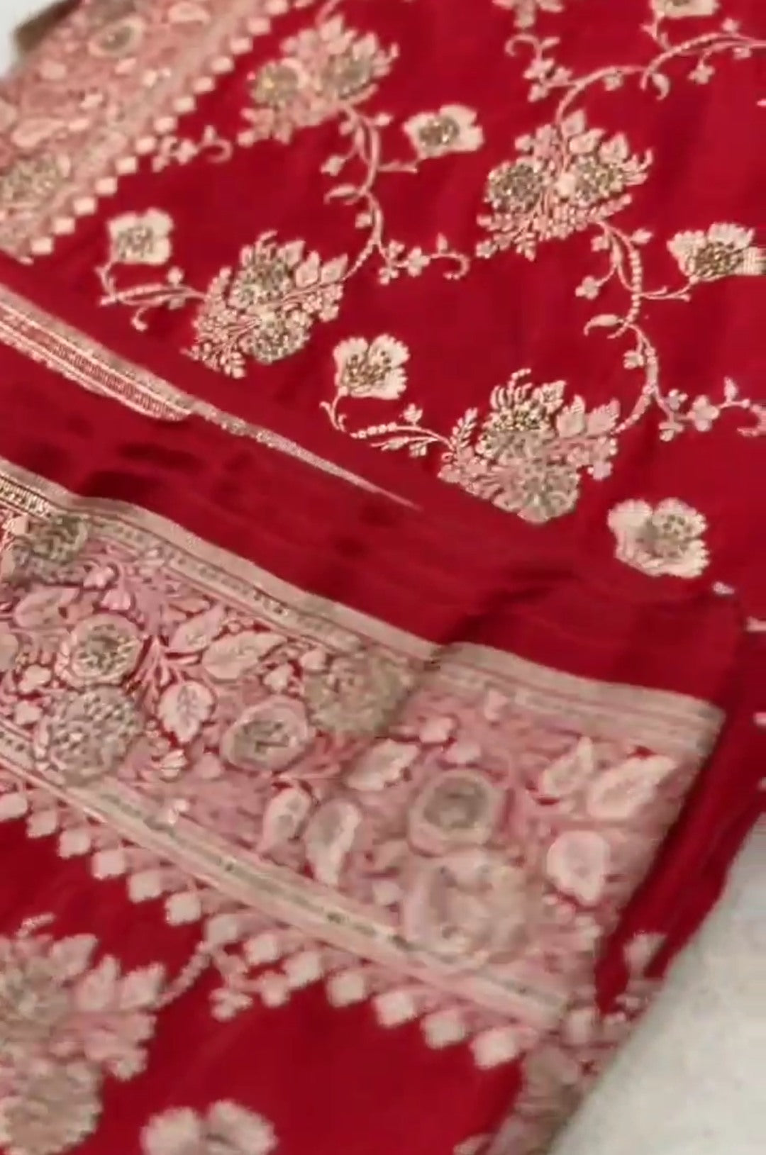 Red Banarasi Satin Katan Silk Swarovski Jangla Saree