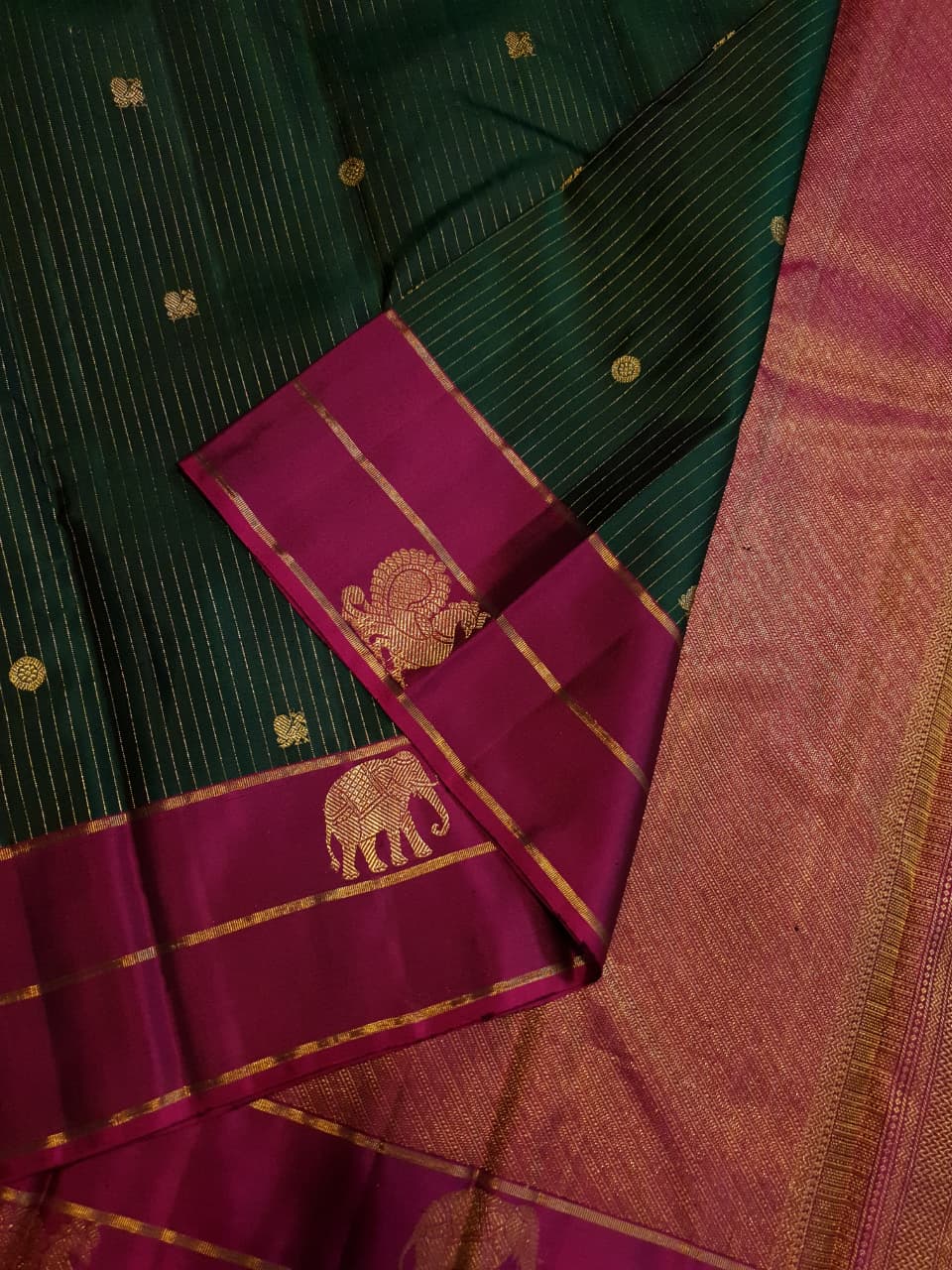 Bottle Green Kanchipuram Handloom 2G Gold Pattu Silk Saree
