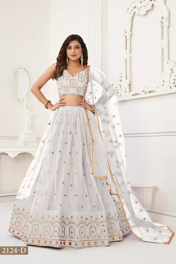 Off White Thread Embroidered Net Lehenga Choli