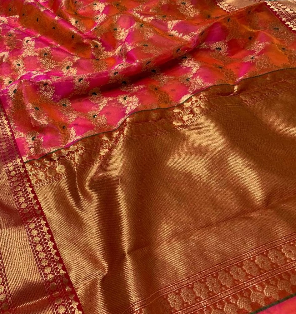 Chilly Red Chanderi Handloom Katan Silk Meenakari Nakshi Saree